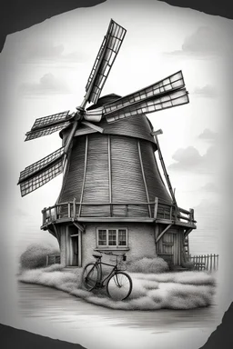 A realistic dark drawing black and gray with very defined details of a dutch windmill and a bike vector image with white background for a tattoo