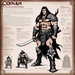 character concept sheet with AD&D statistics and characteristics, [wii No More Heroes style with thick lines] Conan the barbarian on the throne with all his iconic glory