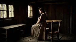 back to camera a young dark blonde pregnant girl leans on the back of an old wooden chair in linen dress, half standing, painful, sad, dark mood, small, old poor country room in a hut, very little light, one lsmall old dirty windows, dark shadows, detalied, sharp focus, high realistic, perfect photo