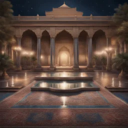 Hyper realistic detailed Outside historical indian palace with glass work on pillars with beautiful carpet & water fountain at night