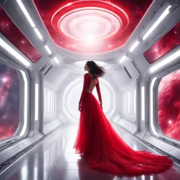 In the pulsating space station, an alien in a red frilly dress glides through a shining white corridor, with windows revealing the vast expanse of outer space. The outfit's fabric flutters around her like a crimson nebula, drawing the eyes of passersby. She exudes an ethereal beauty, a celestial being navigating the cosmic chaos with elegance and allure.