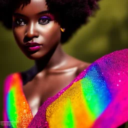 full body shot, masterpiece, best quality, child, dark skinned, sparkling eyes, fluorescent skin, colorful makeup, afro, highly detailed body, sun light, 4K, RAW, depth of field, high contrast, realistic details, 24mm