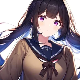 Clear focus, High resolution, long black fluffy hair, long locks, chopped bangs, purple eyes, wearing a sailor uniform outfit, (solo), wearing a brown vest, 1girl, white background