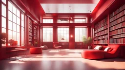 Modern red library interior with sunlight. Decor and desing concept. 3D Rendering