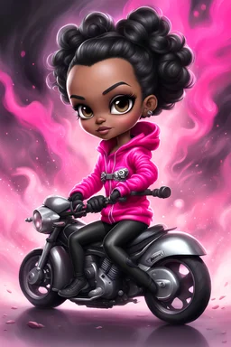 Create a digital airbrush illustration of a chibi cartoon full figure black female riding a sports motorcycle. She is wearing hot pink hoodie and black tights with biker boots. Prominent make up with log lashes and hazel eyes. Extremely highly detailed black shiny wavy hair up in a messy bun. Background of smoke surrounding her and the bike and she's at a bike show.