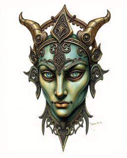 create a full color ink wash and watercolor illustration of a rich patina, ancient bronze female druid ceremonial mask representing Morrigan, utilizing historic Celtic decorative motifs, intricately detailed and sharply defined in the style of Arthur Rackham and Kay Nielsen