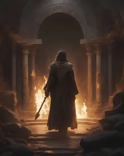 A mage adorned in tattered robes and wielding a staff, stands amidst the flickering candles of a hidden, underground chamber. The ethereal glow of the mage's eyes hints at the forbidden knowledge they seek in the darkness. [Mage in Tattered Robes, Wielding Staff, Hidden Chamber, Flickering Candles, Ethereal Glow, Forbidden Knowledge]