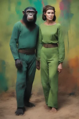 Roddy McDowall and Kim Hunter as Cornelius and Zira the husband-and-wife chimpanzees from Planet of the Apes wearing a thick green cotton tunics and trousers - extremely colorful, multicolored paint splattered wall in the background, oil painting by Leonardo da Vinci