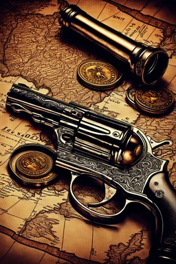 Ultra hyper photo realistic wild west pistol on old map with magnifying class and gold coins, highly detailed