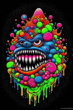 Monster made of ice cream, candy, gum drops, sprinkles tattoo design, traditional tattoo style, t-shirt design, fantasy art, digital painting, clean dark background, 8K by R. crumb, Todd Schorr, Robert Williams, Alex Alemany