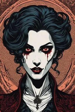 museum quality color woodblock print of a simply dressed, enigmatic, darkly visionary and disturbed Hecata female vampire with highly detailed hair and facial features , with a fine art , graphic novel aesthetic, highly detailed, finely cut ,8k render,