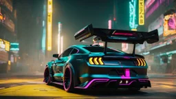 Mustang ultimate tuning Mansory Cyberpunk 2077 neon Style Rear View, Super Detailed, desktop wallpaper, 4K