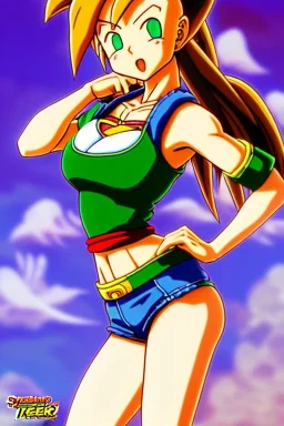 In the style of Toriyama, hyper detailed, strikingly beautiful teen female, 16 years old, long ponytail, ginger hair, green eyes, medium freckles, full lips, micro top, full body, full face, tiny breasts, athletic, centred camera, ignore NSFW, thong, Videl, athletic