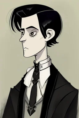 black haired young man wizard with gothic jewelry in the style of charles addams