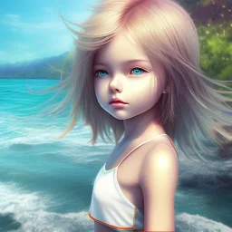 Little girl day, sunny, relaxing, sea, trees, real details anime style, realistic, glowing beach