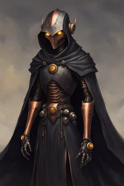 slim copper robot, dungeons and dragons, yellow eyes, wearing black cloak