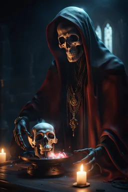 A hatefull Lich performing a magical ritual. Horror setting. fantasy art, Cinematic lighting, Volumetric lighting, Epic composition, Photorealism, Very high detail, Character design, Unreal Engine, Octane render, HDR, Subsurface scattering