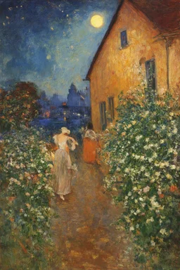 Night, vegetations, flowers, one woman, house, distant buildings, theodor philipsen, and claude monet paintings