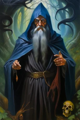 1970's dark fantasy cover dnd style oil painting of an old herbalist rasputin like hero using a cloack with sport outfits with minimalist far perspective. Magazine.