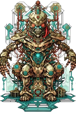 Colourful Bordered digital illustration of a shriveled homunculus hidden with a mechanical Mecha integrated with a throne. in the style of kaja foglio, Alchemy, Symbolism and Hermeticism. High quality, masterpiece. Dungeons And Dragons