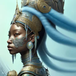 Sango fantasy, fantasy magic, intricate, sharp focus, illustration, highly detailed, digital painting, concept art, matte, art germ and Paul Lewin and Kehinde Wiley, masterpiece Aztec princess dancer head bronze feather's' Asian African girl nice breast Thai hair turquoise silver blue under water