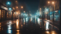 empty wet street at night, city lights reflecting in the water