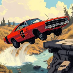 golden age of comic rendering, dramatic angle of dukes of hazard's general lee - 1969 red dodge charger with "01" on side jumping over a small river from a downed bridge