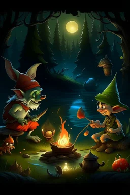 a gnome and a goblin eating in front of a fish fire with figure with fox mask behind, riverbank, night, moonlight,