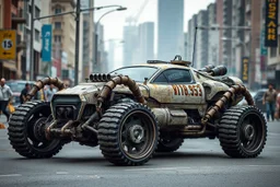 A car that's a mix between a scorpion and a tank, robotic, ready for battle, worn-out, with large rims and tires, fully mechanical, on a street in post-apocalyptic cities.