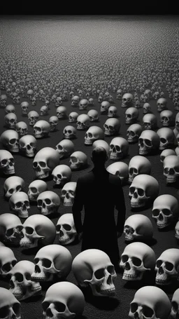 Bosch nightmares paining style Title:a field of small human skulls all colored in black and white, a shadow of man standing in the middle, 8k artistic photography, photorealistic concept art, soft natural volumetric cinematic perfect light, chiaroscuro, award-winning photograph, masterpiece, oil on canvas, Raphael, Caravaggio, Greg Rutkowski, people, beksinski, Giger