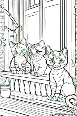 kids coloring page, Cats on the porch, cartoon style, thick lines, low detail, no shading