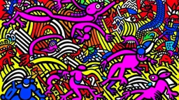 A purple fiery shadow realm designed in Indian Gond art painted by Keith Haring