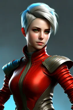 create an adult female air genasi from dungeons and dragons, dark gray short hair, light blue eyes, wind like hair, wearing red leather clothing, realistic, from waist up, digital art, high resolution