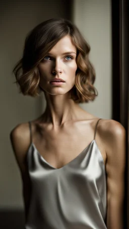 photography of a beautiful anorexic woman, silver satin top, sports illustrated, silver slip, short wavy bob haircut