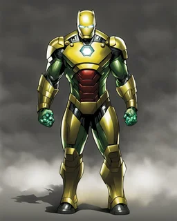 Super Iron Man, and yellow armor, kryptonite powered, built by wayne enterprises, batman,