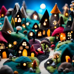 Close-up photograph of a village made of felt, people, houses, rock formations, stars and planets, animals, fungi, crystals, mineral concretions, extreme detail, intricate, volumetric light, colours, Tim Burton, Harry Potter, sparkles, bokeh