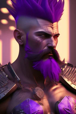 photorealistic warrior, hyperdetailed painting, luminism, Bar lighting, complex, purple mohawk, 4k resolution concept art, Artgerm, WLOP, Alphonse Mucha, 3d render, octane render, intricately detailed, cinematic, awesome full color, hand drawn, dark, gritty, cinematic, purple beard, wyvern