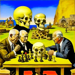 Putin, President Xi Of China And Joe Biden Play Chess With A Pigeon,Ufo And Atomic Bomb Mushroom Cloud,Complex Surgical Instruments Intermixed With A Newborn Boy,Minimalism,Painting By Adrian Ghenie,Rene Magritte,Pablo Picasso,Michelangelo,Salvador Dali,Lucian Freud