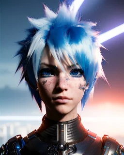 smirking Cyborg anime warrior, light blue hair, short and messy hairstyle, pierced ears, vivid blue eyes, freckles waist up portrait, 8k resolution, intricate details, ornate details, soft lighting, vibrant colors, retroanime, masterpiece, intricate eyeliner, dark eyeshadow, eyes, intricate tattoos, futuristic cityscape background