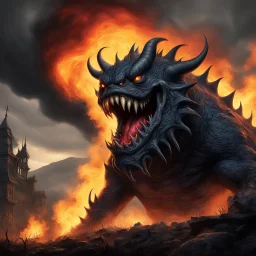 a low angle view capturing the monstrous Laughing monster in all its fearsome glory. Smoke billows menacingly from its nostrils, swirling around its grotesque visage, while flames rage fiercely from its gaping maw, casting an eerie glow against the darkening sky. The Laughing monster's wicked laughter echoes through the valley, sending shivers down the spines of all who behold its menacing form.