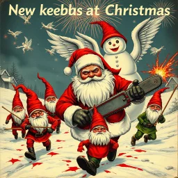 there is no kebabs at christmas, evil Santa, evil gnomes running around, staring flaming eyes, evil Rudolf, very big evil melting angry Frosty the snowman in background, 1940 christmas postcard, blood stains, Flying angels, Santa holding a chainsaw, fireworks