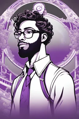 A young black adult man with beard short curls and glasses doing an Elizabeth impression including the dress from Bioshock Infinite. only duotone purple and white. In the style of Akemi Takada, ultra detailed manga drawing, professional lighting, simple logo background. manga japanese comic style