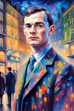 A vivid, impressionistic painting capturing Alan Turing standing proudly amidst the bustling streets of London, his intellect depicted as a glowing beacon illuminating the vibrant cityscape.