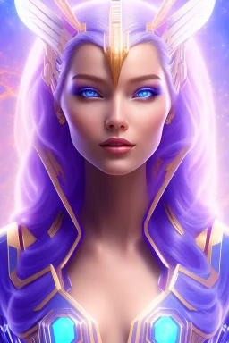 cosmic young woman from the future, one fine whole face, large cosmic forehead, crystalline skin, expressive blue eyes, blue hair, smiling lips, very nice smile, costume pleiadian,rainbow ufo Beautiful tall pleiadian Galactic commander, ship, perfect datailed golden galactic suit, high rank, long purple hair, hand whit five perfect detailed finger, amazing big green eyes, smilling mouth, high drfinition lips, cosmic happiness, bright colors, blue, pink, gold, jewels, realistic, real