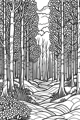 A peaceful forest glade with dappled sunlight filtering through the trees represents the tranquility and freedom found in nature.coloring book page, simple and clean line art, adult drawing book, black and white, crisp black lines, no shades, sharp lines, coloring book for adults, cartoon style, landscape