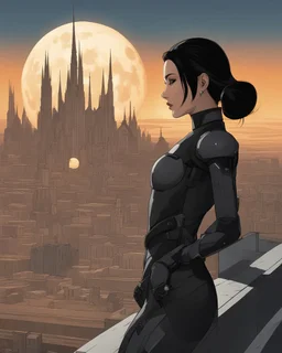 A slim Woman With Black Hair, Wearing an android-looking suit, standing sideways On a ledge of a building, with a waning moon Behind Her Head, towering spires and buildings highlighted by the setting sun