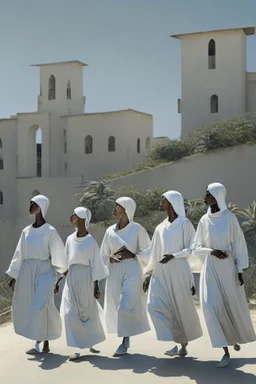 7 suore africane con tunica grigia giornata di sole precipizio fuori città uomo militare bianco giovane