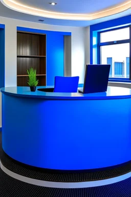 A circular blue reception desk with three chairs