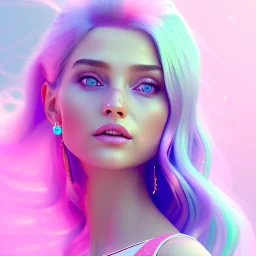 A portrait of a crystalised beautifull girl,smiling, laughting, white longs hairs liss, atmospheric, realistic,, cinematic lighting, octane render,, pink turquoise light, blue eyes nice, soft face, jewejs brillants