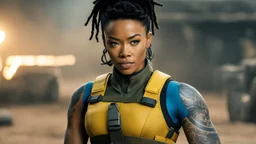A Sonequa Martin-Green warrior with a machine gun covered by tattoos, 24-years-old her lean muscular frame wrapped in a yellow tactical bodysuit and a bullet proof vest over her bossom. Her hair is pulled back in a tight ponytail, revealing blue eyes [vintage style noisy scratches glitches, Shot the texture and then rewound the film and double exposed from a 1970 B series movie] she stands on the balcony of the marble palace of a modern dictator, behind we see the beach and palm trees